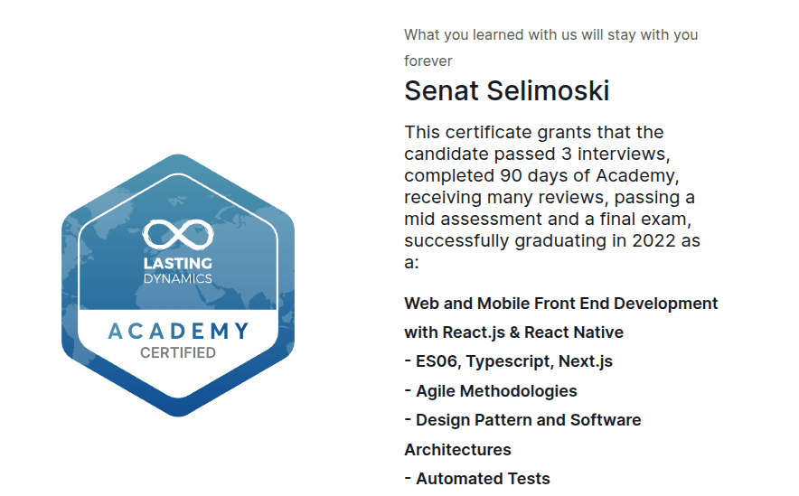 Senior React Native Developer Certificate Certificate